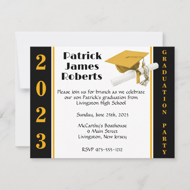 Cap & Diploma, Gold & Black Graduation Invitation (Front)