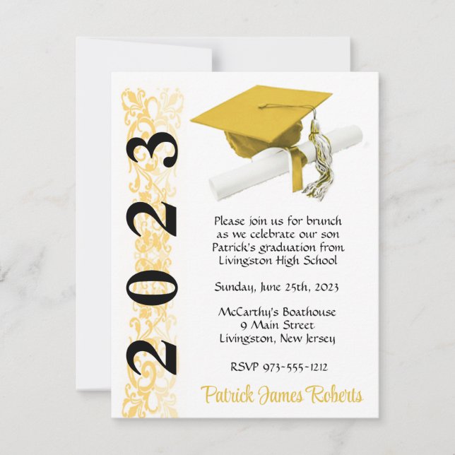 Cap & Diploma, Gold & Black Graduation Invitation (Front)