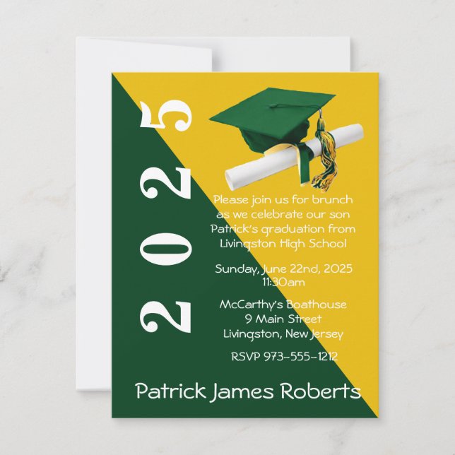 Cap & Diploma, Green & Gold Graduation Invitation (Front)