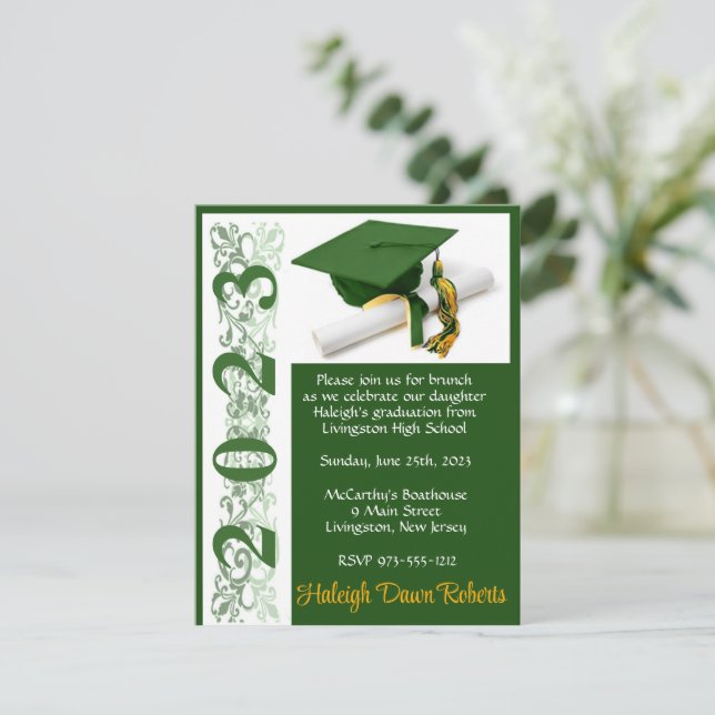 Cap & Diploma, Green & Gold Graduation Invitation (Standing Front)