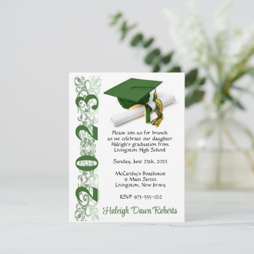 Cap  Diploma Green  Gold Graduation Invitation