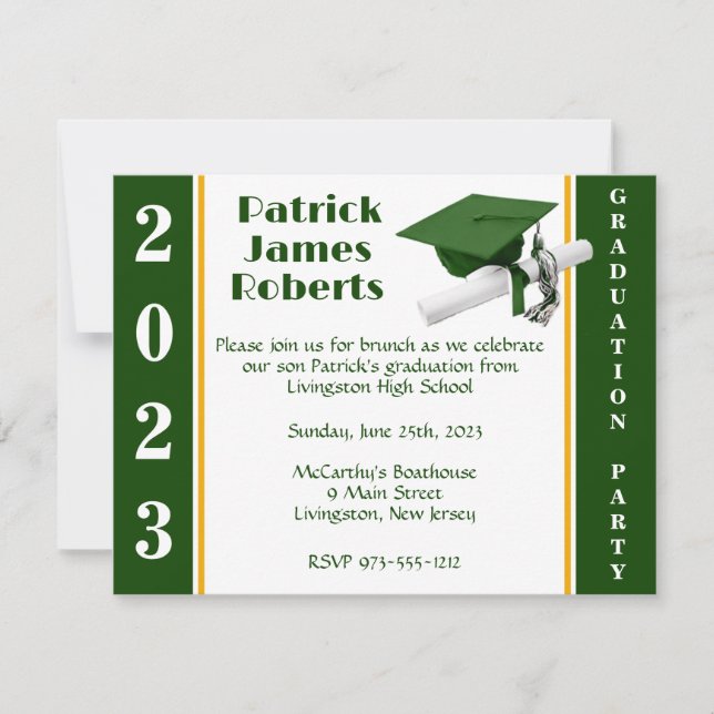 Cap & Diploma, Green & Gold Graduation Invitation (Front)