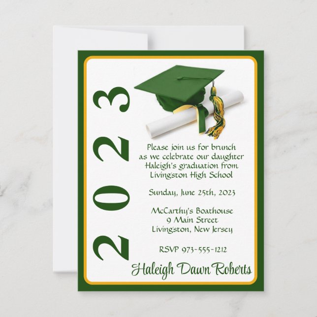 Cap & Diploma, Green & Gold Graduation Invitation (Front)