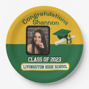 Cap & Diploma, Green & Gold Graduation Paper Plates