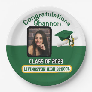 Cap & Diploma, Green, White, & Gold Graduation Paper Plates