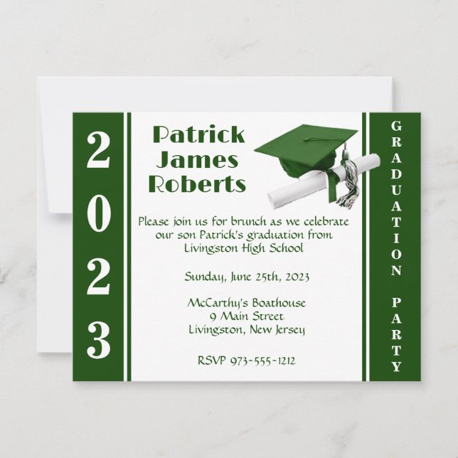 Cap & Diploma, Green & White Graduation Invitation (Front)