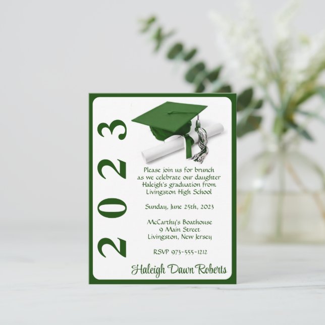 Cap & Diploma, Green & White Graduation Invitation (Standing Front)