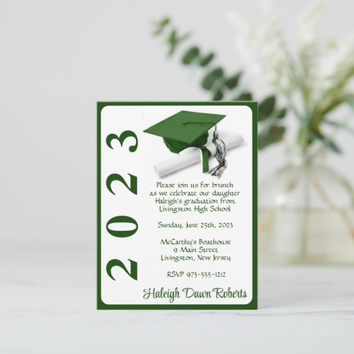 Cap  Diploma Green  White Graduation Invitation