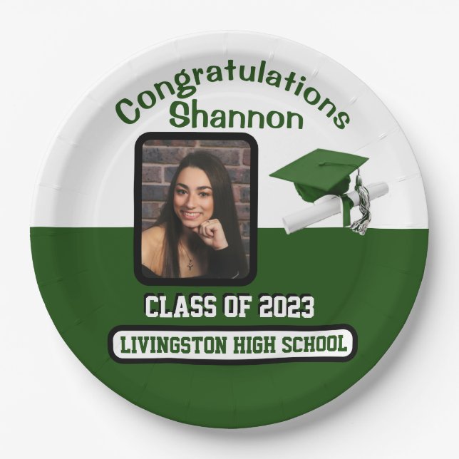 Cap & Diploma, Green &  White Graduation Paper Plates (Front)