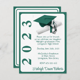 Cap & Diploma, Hunter Green & White Graduation Invitation