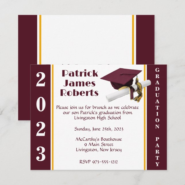 Cap & Diploma, Maroon & Gold Graduation Invitation (Front/Back)