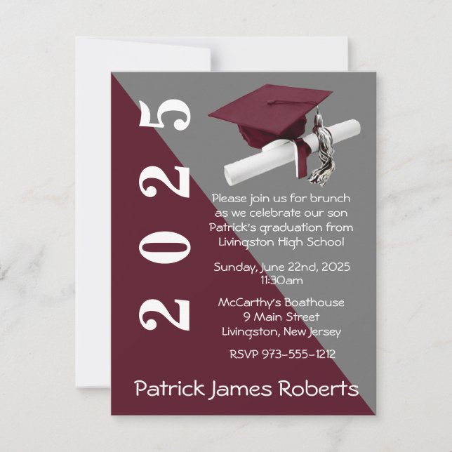 Cap & Diploma, Maroon & Gray Graduation Invitation (Front)