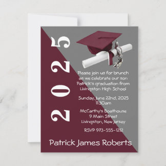 Cap & Diploma, Maroon & Gray Graduation Invitation