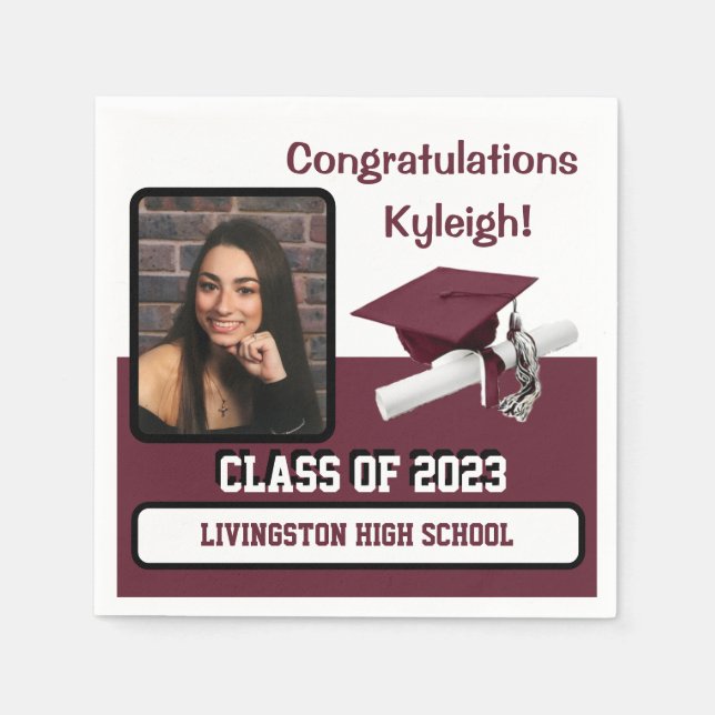 Cap & Diploma, Maroon & White Graduation Napkins (Front)