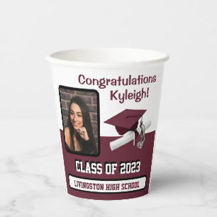 Cap & Diploma, Maroon & White Graduation Paper Cups