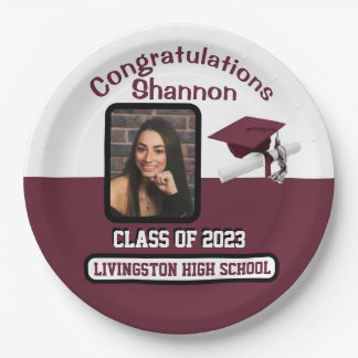 Cap & Diploma, Maroon & White Graduation Paper Plates