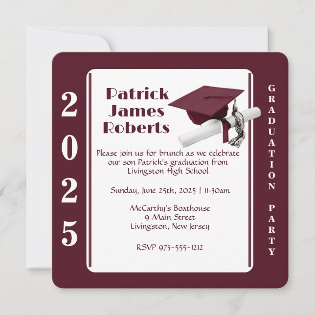 Cap & Diploma, Maroon & White Rounded Graduation Invitation (Front)
