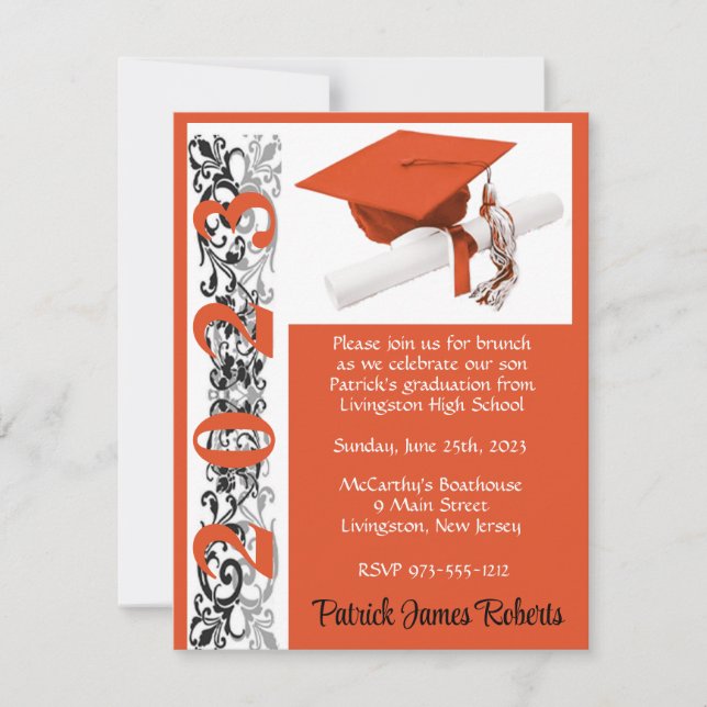 Cap & Diploma, Orange Graduation Invitation (Front)