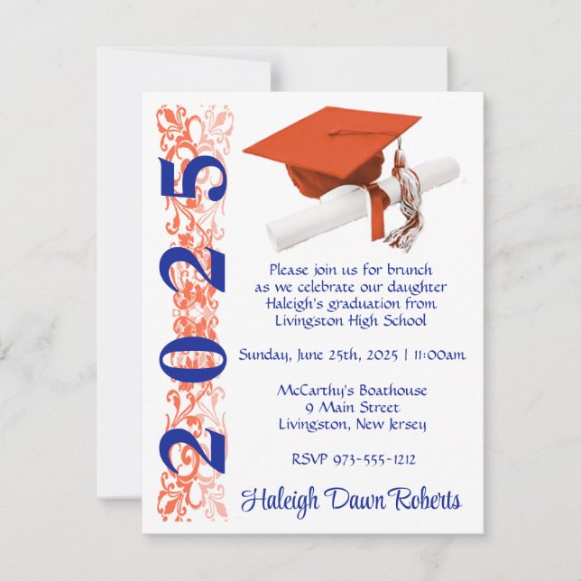 Cap & Diploma, Orange & Royal Blue Graduation Invitation (Front)