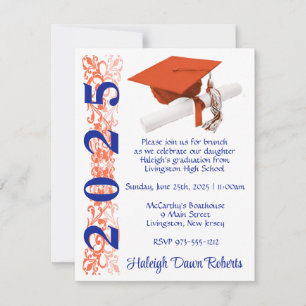 Cap & Diploma, Orange & Royal Blue Graduation Invitation
