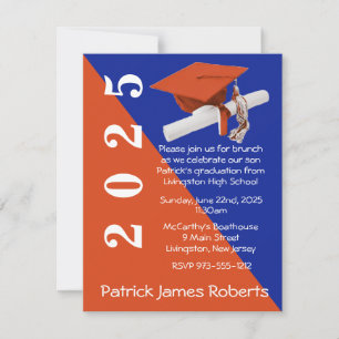 Cap & Diploma, Orange & Royal Blue Graduation Invitation
