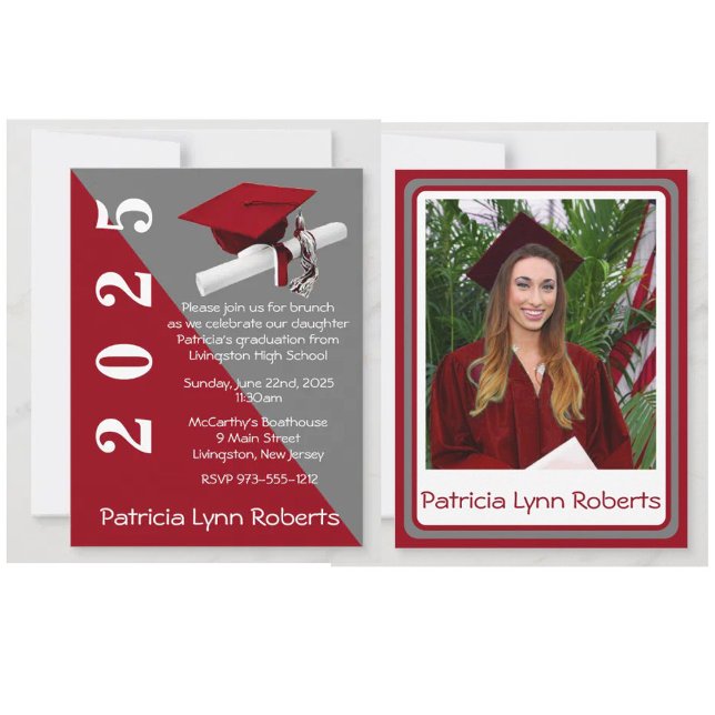 Cap & Diploma Photo, Red & Gray Graduation Invitation (Grad invitations with room for a photo and party info!)