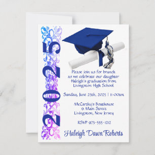 Cap & Diploma, Purple & Blue Hue Graduation Invitation