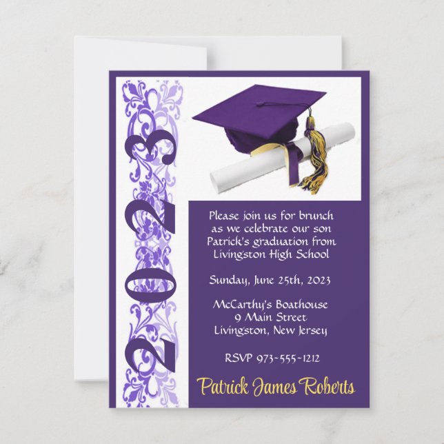Cap & Diploma, Purple & Gold Graduation Invitation (Front)