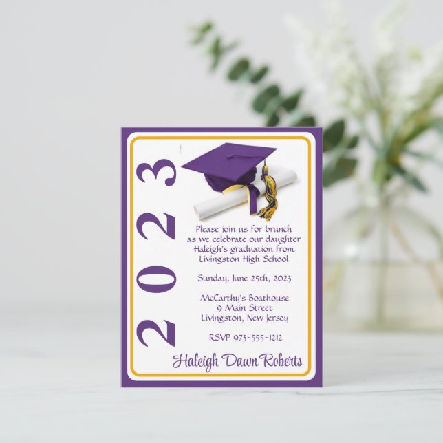 Cap & Diploma, Purple & Gold Graduation Invitation (Standing Front)
