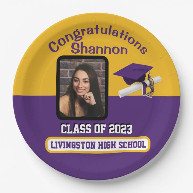 Cap & Diploma, Purple & Gold Graduation Paper Plates (Front)