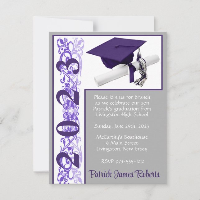 Cap & Diploma, Purple, Gray, White Graduation Invitation (Front)