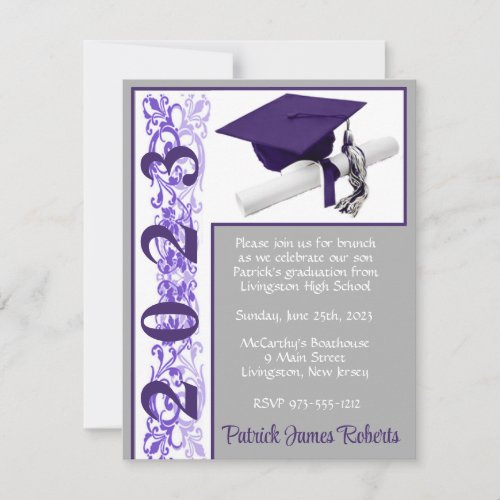 Cap  Diploma Purple Gray White Graduation Invitation