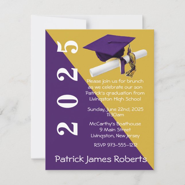 Cap & Diploma, Purple & Metallic Gold Graduation Invitation (Front)