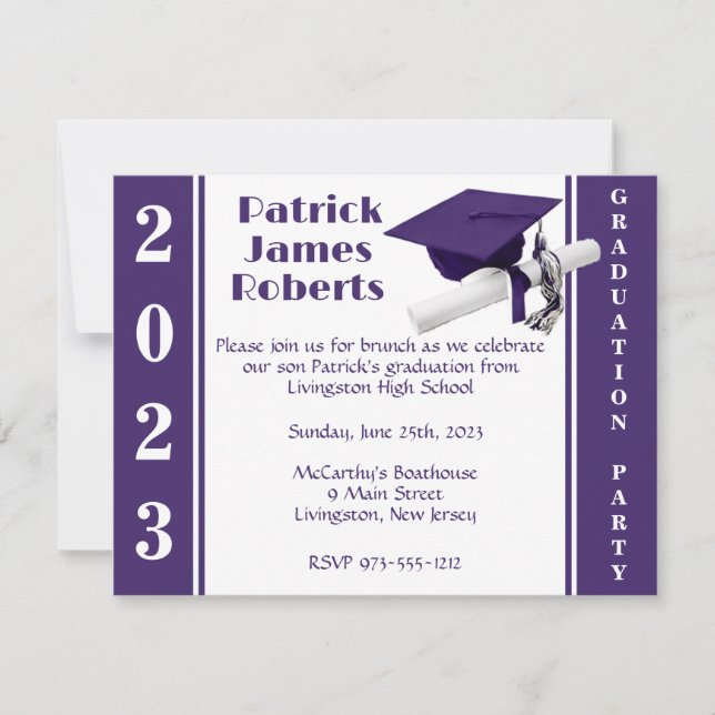 Cap & Diploma, Purple & White Graduation Invitation (Front)