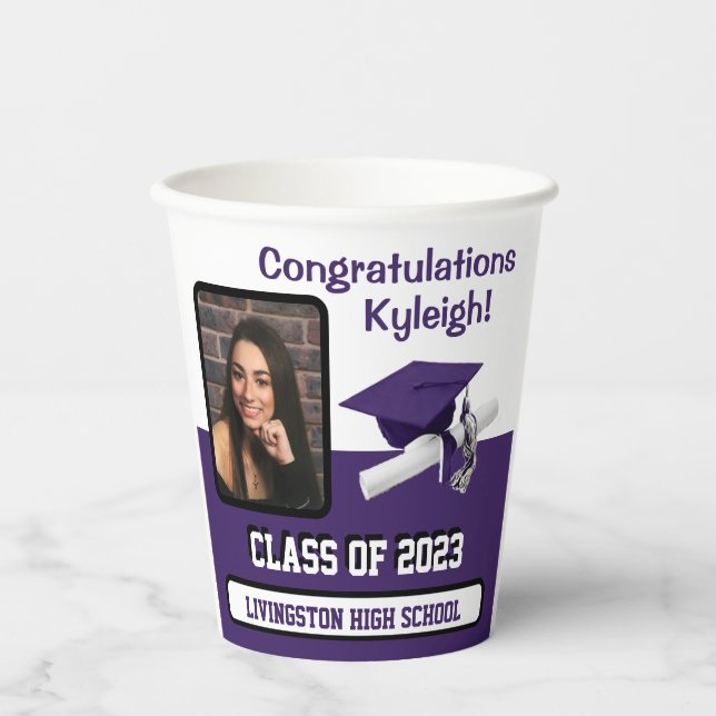 Cap & Diploma, Purple & White Graduation Paper Cups (Front)
