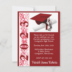 Cap & Diploma, Red Background Graduation Invitation