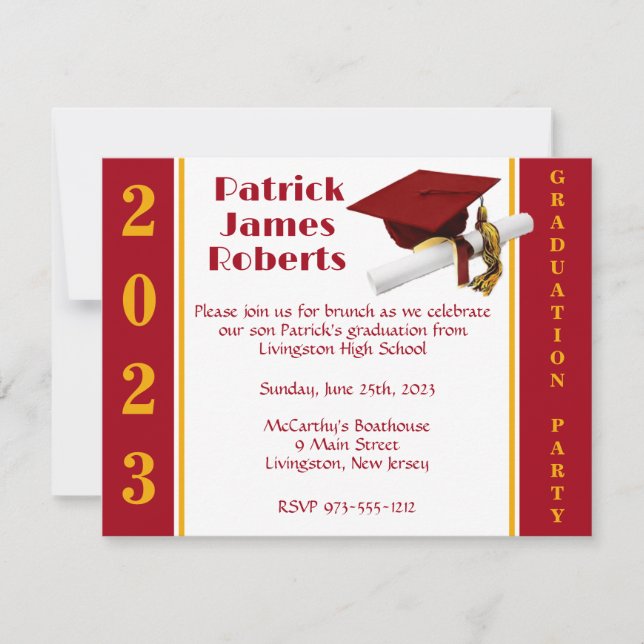Cap & Diploma, Red & Gold Graduation Invitation (Front)