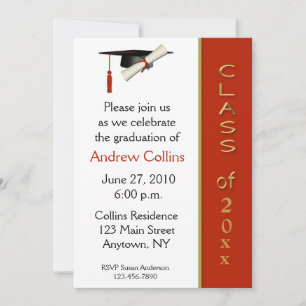 Cap Diploma Red Gold Graduation Invitation