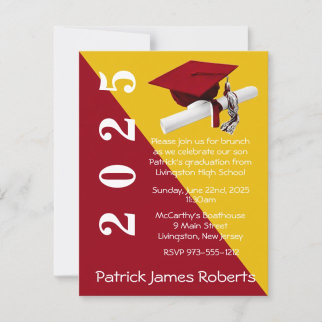 Cap & Diploma, Red & Gold Graduation Invitation (Front)