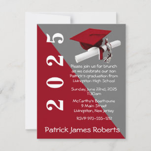 Cap & Diploma, Red & Gray Graduation Invitation