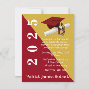 Cap & Diploma, Red & Metallic Gold Graduation Invitation