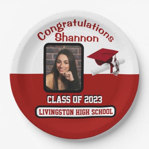 Cap  Diploma Red  White Graduation Paper Plates