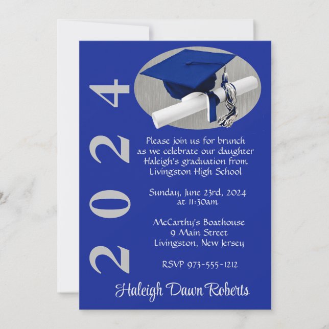 Cap & Diploma Royal Blue Brushed Silver Graduation Invitation (Front)