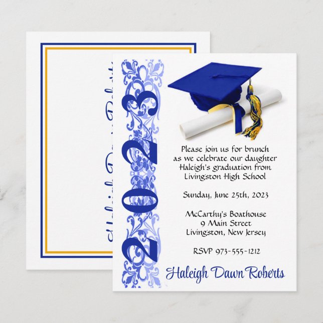 Cap & Diploma, Royal Blue & Gold Graduation Invitation (Front/Back)