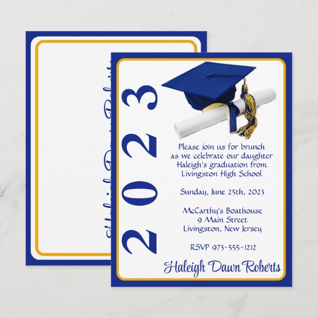 Cap & Diploma, Royal Blue & Gold Graduation Invitation (Front/Back)