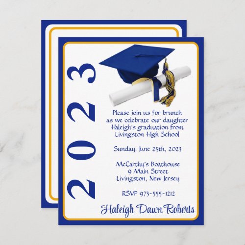 Cap  Diploma Royal Blue  Gold Graduation Invitation