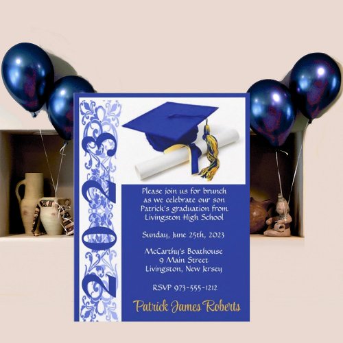 Cap  Diploma Royal BlueGold Graduation Invitation