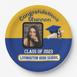 Cap & Diploma, Royal Blue & Gold Graduation Paper Plates