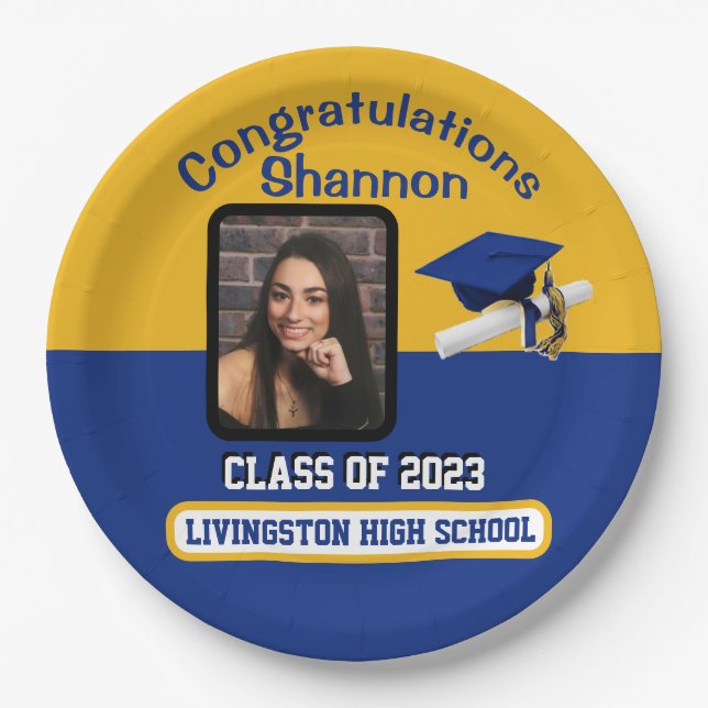 Cap & Diploma, Royal Blue & Gold Graduation Paper Plates (Front)