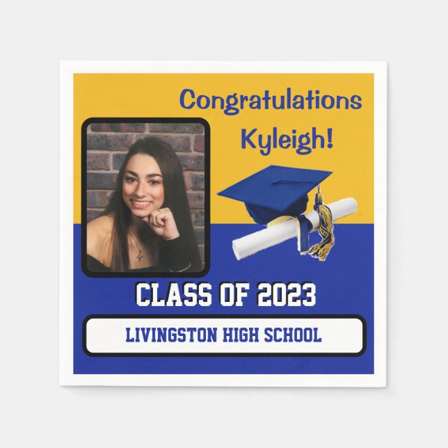 Cap & Diploma, Royal Blue, Gold & White Graduation Napkins (Front)